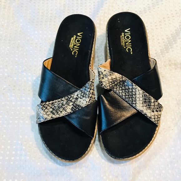 Vionic Montego Black Snake Print Comfort Wedge Orthoheel Slide Sandals SZ: 7 - Picture 3 of 6